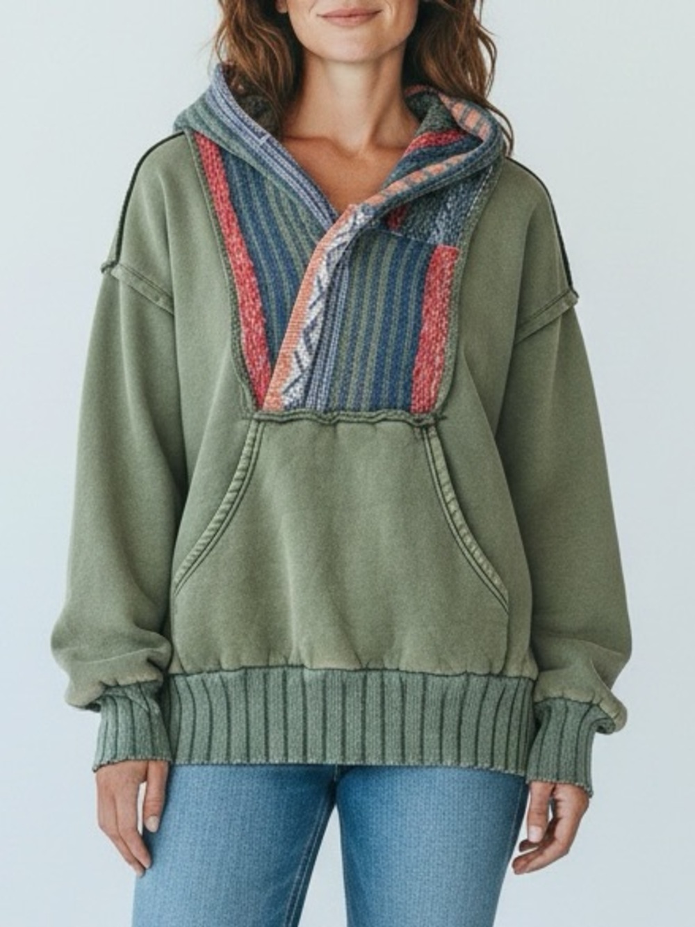 Three Bird Nest Green Boho Mixed Media Knit Hood Pullover Hoodie W Medium